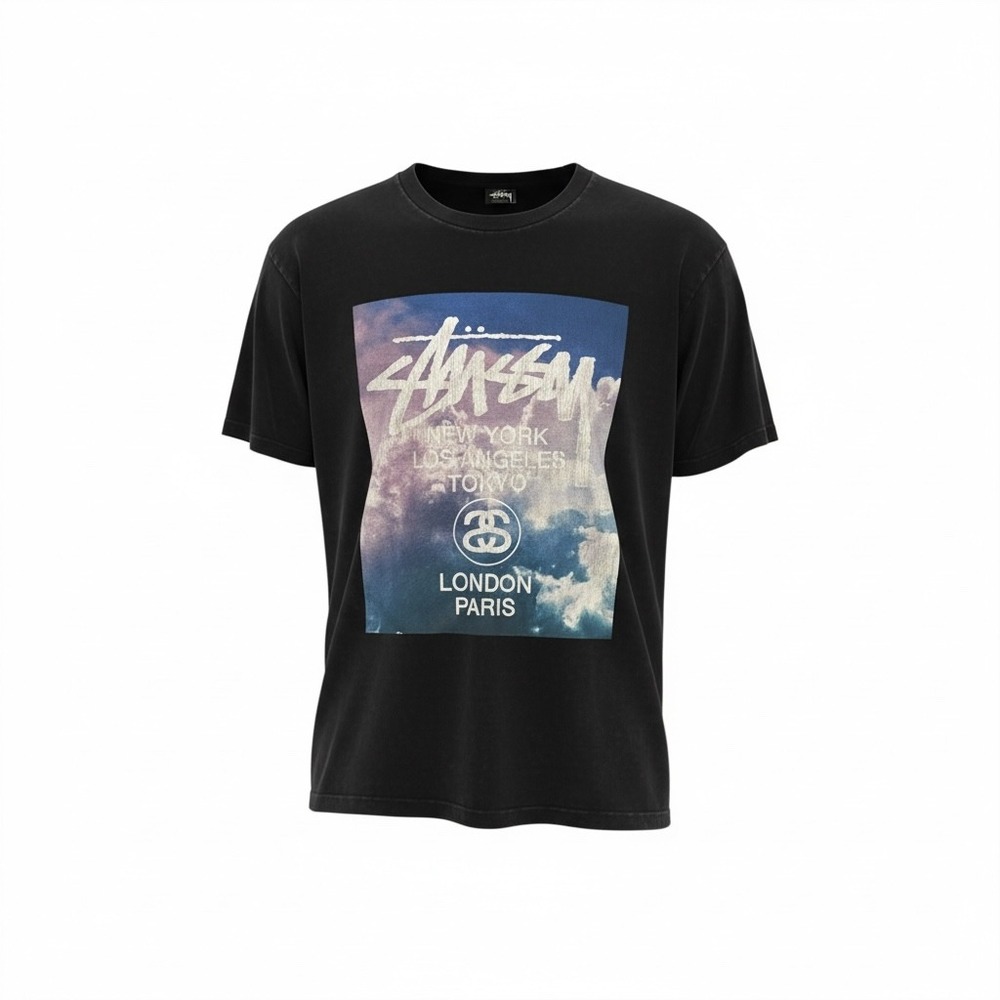 Stussy World Tour Clouds Graphic T-Shirt Black Mens Small‎ Short Sleeve Cotton